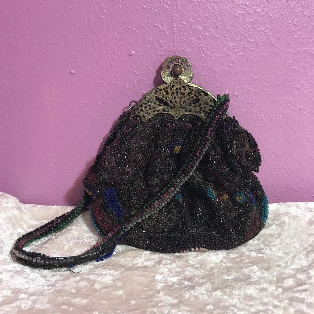 Vintage Beaded Womans Purse GUC Floral Retro Handmade Flowers Wristlet Bag Clasp - Picture 4 of 11